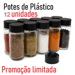 Kit 12 Potes Tempero Condimentos Tampa Dosadora Dupla de Plástico - 100 ml