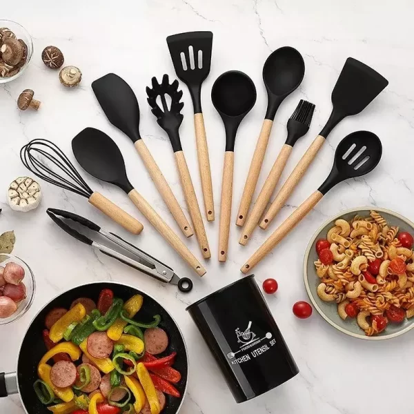 Kit Com 12 Utensílios De Cozinha Silicone Cabo Madeira