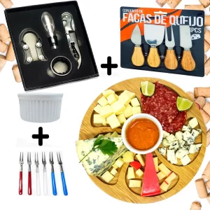 Kit Petisqueira Redonda Madeira + 4 Facas Queijo + 4 Peças Vinho Com Molheira Ramekin e Garfinhos p Petisco